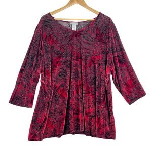 Catherines Burnout Velvet Red Floral Paisley 3/4 Sleeves Womens Blouse Tunic 2X